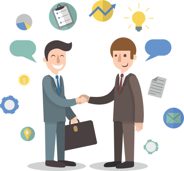 Illustration of two people shaking hands, surrounded by icons representing collaboration, communication, and business